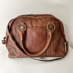 FRYE Lucy Cognac Brown Leather Domed Satchel Tote Handbag Shoulder Crossbody